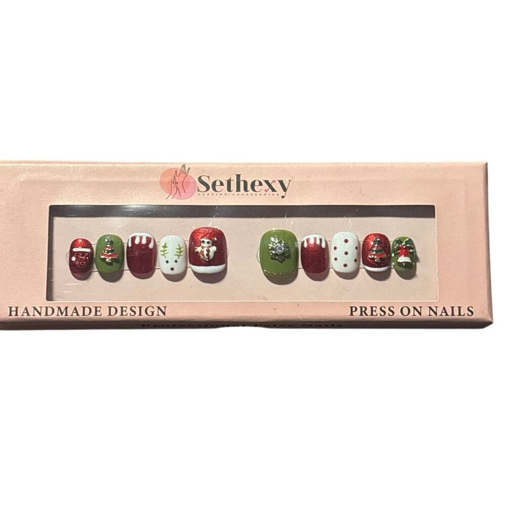 Sethexy Christmas Press-On Nails – Short Round – Handmade Design – NIB